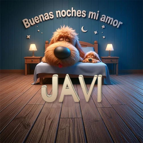 Dos perros de raza de pelaje espeso durmiendo juntos plácidamente en una cama cómoda, sobre ellos la frase 'Buenas noches mi amor' en una pared azul tranquila decorada con estrellas y una pequeña luna, con lámparas laterales cálidas. El nombre está en un prominente texto 3D en el piso de madera frente a la cama. Nombre personalizado: Javi.