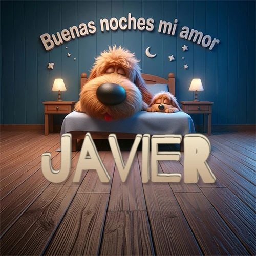 Dos perros de raza de pelaje espeso durmiendo juntos plácidamente en una cama cómoda, sobre ellos la frase 'Buenas noches mi amor' en una pared azul tranquila decorada con estrellas y una pequeña luna, con lámparas laterales cálidas. El nombre está en un prominente texto 3D en el piso de madera frente a la cama. Nombre personalizado: Javier.