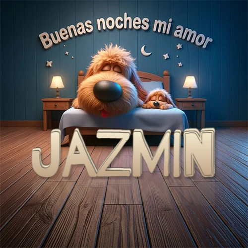 Dos perros de raza de pelaje espeso durmiendo juntos plácidamente en una cama cómoda, sobre ellos la frase 'Buenas noches mi amor' en una pared azul tranquila decorada con estrellas y una pequeña luna, con lámparas laterales cálidas. El nombre está en un prominente texto 3D en el piso de madera frente a la cama. Nombre personalizado: Jazmin.