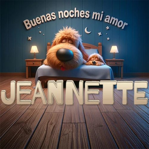 Dos perros de raza de pelaje espeso durmiendo juntos plácidamente en una cama cómoda, sobre ellos la frase 'Buenas noches mi amor' en una pared azul tranquila decorada con estrellas y una pequeña luna, con lámparas laterales cálidas. El nombre está en un prominente texto 3D en el piso de madera frente a la cama. Nombre personalizado: Jeannette.