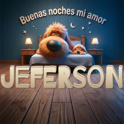 Dos perros de raza de pelaje espeso durmiendo juntos plácidamente en una cama cómoda, sobre ellos la frase 'Buenas noches mi amor' en una pared azul tranquila decorada con estrellas y una pequeña luna, con lámparas laterales cálidas. El nombre está en un prominente texto 3D en el piso de madera frente a la cama. Nombre personalizado: Jeferson.