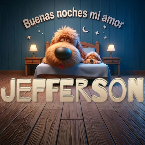 Dos perros de raza de pelaje espeso durmiendo juntos plácidamente en una cama cómoda, sobre ellos la frase 'Buenas noches mi amor' en una pared azul tranquila decorada con estrellas y una pequeña luna, con lámparas laterales cálidas. El nombre está en un prominente texto 3D en el piso de madera frente a la cama. Nombre personalizado: Jefferson.