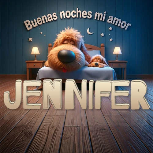 Dos perros de raza de pelaje espeso durmiendo juntos plácidamente en una cama cómoda, sobre ellos la frase 'Buenas noches mi amor' en una pared azul tranquila decorada con estrellas y una pequeña luna, con lámparas laterales cálidas. El nombre está en un prominente texto 3D en el piso de madera frente a la cama. Nombre personalizado: Jennifer.