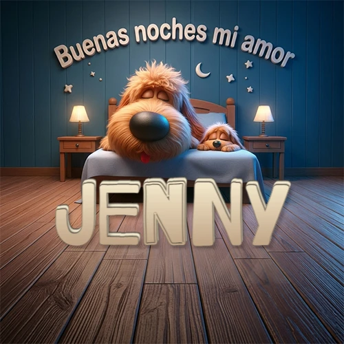 Dos perros de raza de pelaje espeso durmiendo juntos plácidamente en una cama cómoda, sobre ellos la frase 'Buenas noches mi amor' en una pared azul tranquila decorada con estrellas y una pequeña luna, con lámparas laterales cálidas. El nombre está en un prominente texto 3D en el piso de madera frente a la cama. Nombre personalizado: Jenny.