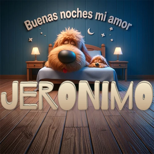 Dos perros de raza de pelaje espeso durmiendo juntos plácidamente en una cama cómoda, sobre ellos la frase 'Buenas noches mi amor' en una pared azul tranquila decorada con estrellas y una pequeña luna, con lámparas laterales cálidas. El nombre está en un prominente texto 3D en el piso de madera frente a la cama. Nombre personalizado: Jeronimo.