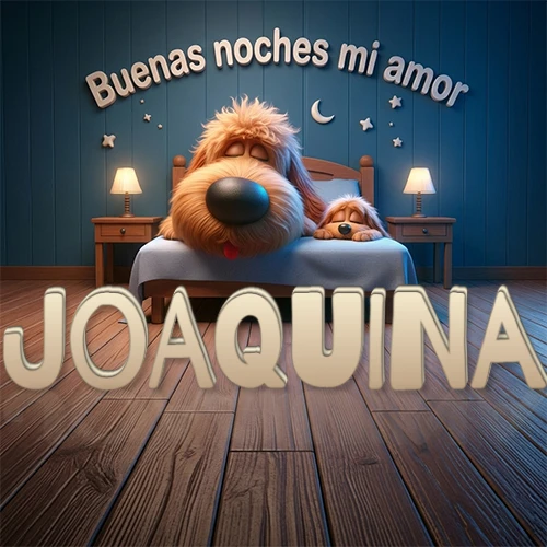 Dos perros de raza de pelaje espeso durmiendo juntos plácidamente en una cama cómoda, sobre ellos la frase 'Buenas noches mi amor' en una pared azul tranquila decorada con estrellas y una pequeña luna, con lámparas laterales cálidas. El nombre está en un prominente texto 3D en el piso de madera frente a la cama. Nombre personalizado: Joaquina.