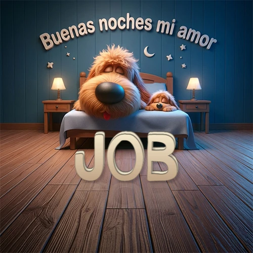 Dos perros de raza de pelaje espeso durmiendo juntos plácidamente en una cama cómoda, sobre ellos la frase 'Buenas noches mi amor' en una pared azul tranquila decorada con estrellas y una pequeña luna, con lámparas laterales cálidas. El nombre está en un prominente texto 3D en el piso de madera frente a la cama. Nombre personalizado: Job.