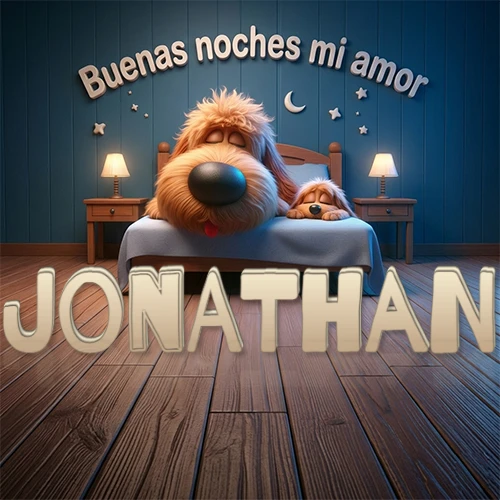 Dos perros de raza de pelaje espeso durmiendo juntos plácidamente en una cama cómoda, sobre ellos la frase 'Buenas noches mi amor' en una pared azul tranquila decorada con estrellas y una pequeña luna, con lámparas laterales cálidas. El nombre está en un prominente texto 3D en el piso de madera frente a la cama. Nombre personalizado: Jonathan.