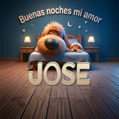 Dos perros de raza de pelaje espeso durmiendo juntos plácidamente en una cama cómoda, sobre ellos la frase 'Buenas noches mi amor' en una pared azul tranquila decorada con estrellas y una pequeña luna, con lámparas laterales cálidas. El nombre está en un prominente texto 3D en el piso de madera frente a la cama. Nombre personalizado: Jose.