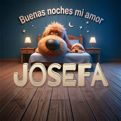 Dos perros de raza de pelaje espeso durmiendo juntos plácidamente en una cama cómoda, sobre ellos la frase 'Buenas noches mi amor' en una pared azul tranquila decorada con estrellas y una pequeña luna, con lámparas laterales cálidas. El nombre está en un prominente texto 3D en el piso de madera frente a la cama. Nombre personalizado: Josefa. Dos perros de raza de pelaje espeso durmiendo juntos plácidamente en una cama cómoda, sobre ellos la frase 'Buenas noches mi amor' en una pared azul tranquila decorada con estrellas y una pequeña luna, con lámparas laterales cálidas. El nombre está en un prominente texto 3D en el piso de madera frente a la cama. Nombre personalizado: Josefa.