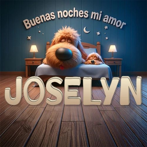 Dos perros de raza de pelaje espeso durmiendo juntos plácidamente en una cama cómoda, sobre ellos la frase 'Buenas noches mi amor' en una pared azul tranquila decorada con estrellas y una pequeña luna, con lámparas laterales cálidas. El nombre está en un prominente texto 3D en el piso de madera frente a la cama. Nombre personalizado: Joselyn. Dos perros de raza de pelaje espeso durmiendo juntos plácidamente en una cama cómoda, sobre ellos la frase 'Buenas noches mi amor' en una pared azul tranquila decorada con estrellas y una pequeña luna, con lámparas laterales cálidas. El nombre está en un prominente texto 3D en el piso de madera frente a la cama. Nombre personalizado: Joselyn.