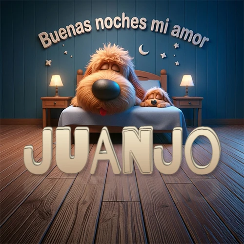 Dos perros de raza de pelaje espeso durmiendo juntos plácidamente en una cama cómoda, sobre ellos la frase 'Buenas noches mi amor' en una pared azul tranquila decorada con estrellas y una pequeña luna, con lámparas laterales cálidas. El nombre está en un prominente texto 3D en el piso de madera frente a la cama. Nombre personalizado: Juanjo.
