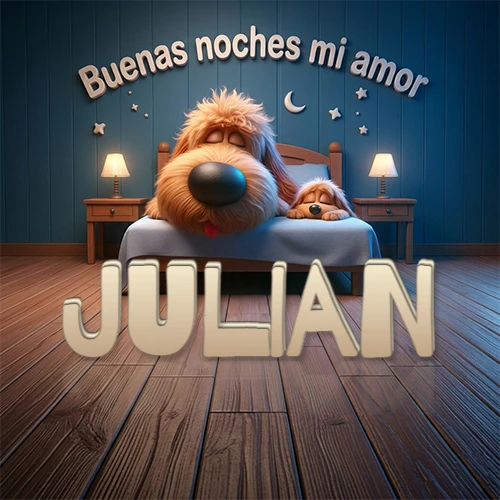 Dos perros de raza de pelaje espeso durmiendo juntos plácidamente en una cama cómoda, sobre ellos la frase 'Buenas noches mi amor' en una pared azul tranquila decorada con estrellas y una pequeña luna, con lámparas laterales cálidas. El nombre está en un prominente texto 3D en el piso de madera frente a la cama. Nombre personalizado: Julian.