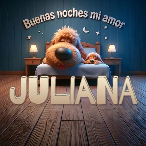 Dos perros de raza de pelaje espeso durmiendo juntos plácidamente en una cama cómoda, sobre ellos la frase 'Buenas noches mi amor' en una pared azul tranquila decorada con estrellas y una pequeña luna, con lámparas laterales cálidas. El nombre está en un prominente texto 3D en el piso de madera frente a la cama. Nombre personalizado: Juliana.