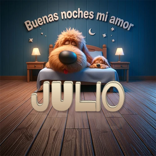 Dos perros de raza de pelaje espeso durmiendo juntos plácidamente en una cama cómoda, sobre ellos la frase 'Buenas noches mi amor' en una pared azul tranquila decorada con estrellas y una pequeña luna, con lámparas laterales cálidas. El nombre está en un prominente texto 3D en el piso de madera frente a la cama. Nombre personalizado: Julio.
