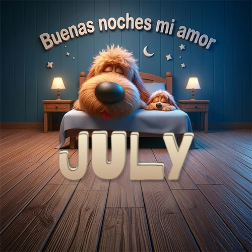 Dos perros de raza de pelaje espeso durmiendo juntos plácidamente en una cama cómoda, sobre ellos la frase 'Buenas noches mi amor' en una pared azul tranquila decorada con estrellas y una pequeña luna, con lámparas laterales cálidas. El nombre está en un prominente texto 3D en el piso de madera frente a la cama. Nombre personalizado: July.
