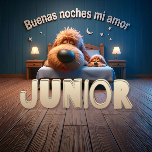 Dos perros de raza de pelaje espeso durmiendo juntos plácidamente en una cama cómoda, sobre ellos la frase 'Buenas noches mi amor' en una pared azul tranquila decorada con estrellas y una pequeña luna, con lámparas laterales cálidas. El nombre está en un prominente texto 3D en el piso de madera frente a la cama. Nombre personalizado: Junior.