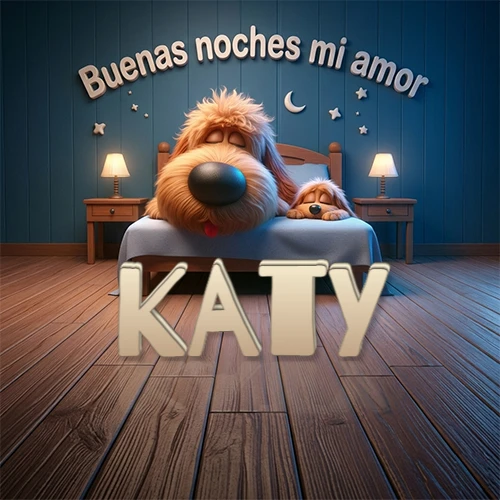 Dos perros de raza de pelaje espeso durmiendo juntos plácidamente en una cama cómoda, sobre ellos la frase 'Buenas noches mi amor' en una pared azul tranquila decorada con estrellas y una pequeña luna, con lámparas laterales cálidas. El nombre está en un prominente texto 3D en el piso de madera frente a la cama. Nombre personalizado: Katy.