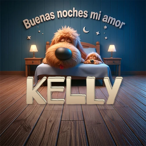 Dos perros de raza de pelaje espeso durmiendo juntos plácidamente en una cama cómoda, sobre ellos la frase 'Buenas noches mi amor' en una pared azul tranquila decorada con estrellas y una pequeña luna, con lámparas laterales cálidas. El nombre está en un prominente texto 3D en el piso de madera frente a la cama. Nombre personalizado: Kelly.