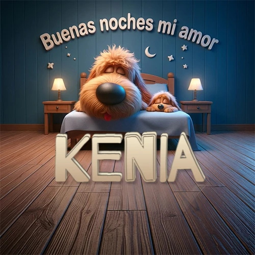 Dos perros de raza de pelaje espeso durmiendo juntos plácidamente en una cama cómoda, sobre ellos la frase 'Buenas noches mi amor' en una pared azul tranquila decorada con estrellas y una pequeña luna, con lámparas laterales cálidas. El nombre está en un prominente texto 3D en el piso de madera frente a la cama. Nombre personalizado: Kenia.