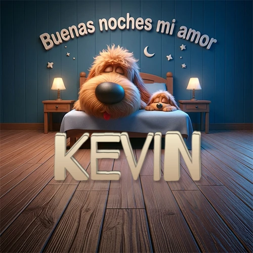 Dos perros de raza de pelaje espeso durmiendo juntos plácidamente en una cama cómoda, sobre ellos la frase 'Buenas noches mi amor' en una pared azul tranquila decorada con estrellas y una pequeña luna, con lámparas laterales cálidas. El nombre está en un prominente texto 3D en el piso de madera frente a la cama. Nombre personalizado: Kevin.