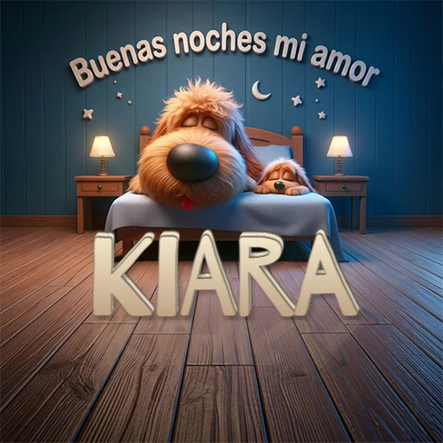 Dos perros de raza de pelaje espeso durmiendo juntos plácidamente en una cama cómoda, sobre ellos la frase 'Buenas noches mi amor' en una pared azul tranquila decorada con estrellas y una pequeña luna, con lámparas laterales cálidas. El nombre está en un prominente texto 3D en el piso de madera frente a la cama. Nombre personalizado: Kiara.