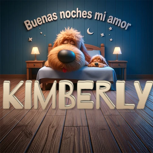 Dos perros de raza de pelaje espeso durmiendo juntos plácidamente en una cama cómoda, sobre ellos la frase 'Buenas noches mi amor' en una pared azul tranquila decorada con estrellas y una pequeña luna, con lámparas laterales cálidas. El nombre está en un prominente texto 3D en el piso de madera frente a la cama. Nombre personalizado: Kimberly.