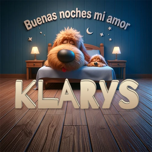 Dos perros de raza de pelaje espeso durmiendo juntos plácidamente en una cama cómoda, sobre ellos la frase 'Buenas noches mi amor' en una pared azul tranquila decorada con estrellas y una pequeña luna, con lámparas laterales cálidas. El nombre está en un prominente texto 3D en el piso de madera frente a la cama. Nombre personalizado: Klarys.