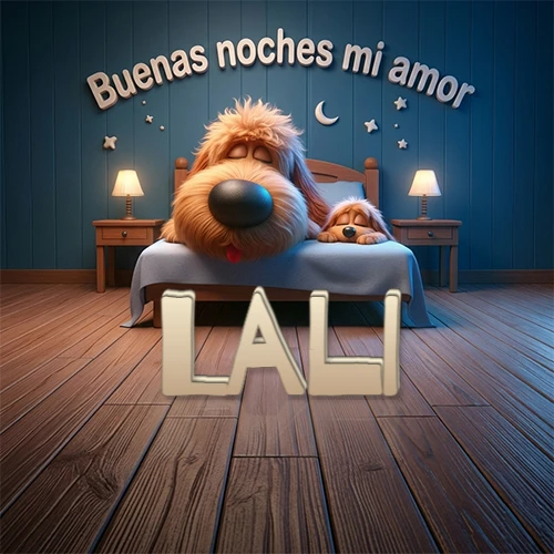Dos perros de raza de pelaje espeso durmiendo juntos plácidamente en una cama cómoda, sobre ellos la frase 'Buenas noches mi amor' en una pared azul tranquila decorada con estrellas y una pequeña luna, con lámparas laterales cálidas. El nombre está en un prominente texto 3D en el piso de madera frente a la cama. Nombre personalizado: Lali.