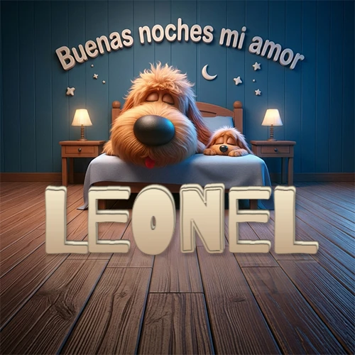 Dos perros de raza de pelaje espeso durmiendo juntos plácidamente en una cama cómoda, sobre ellos la frase 'Buenas noches mi amor' en una pared azul tranquila decorada con estrellas y una pequeña luna, con lámparas laterales cálidas. El nombre está en un prominente texto 3D en el piso de madera frente a la cama. Nombre personalizado: Leonel. Dos perros de raza de pelaje espeso durmiendo juntos plácidamente en una cama cómoda, sobre ellos la frase 'Buenas noches mi amor' en una pared azul tranquila decorada con estrellas y una pequeña luna, con lámparas laterales cálidas. El nombre está en un prominente texto 3D en el piso de madera frente a la cama. Nombre personalizado: Leonel.