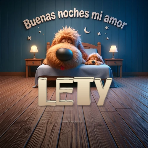 Dos perros de raza de pelaje espeso durmiendo juntos plácidamente en una cama cómoda, sobre ellos la frase 'Buenas noches mi amor' en una pared azul tranquila decorada con estrellas y una pequeña luna, con lámparas laterales cálidas. El nombre está en un prominente texto 3D en el piso de madera frente a la cama. Nombre personalizado: Lety. Dos perros de raza de pelaje espeso durmiendo juntos plácidamente en una cama cómoda, sobre ellos la frase 'Buenas noches mi amor' en una pared azul tranquila decorada con estrellas y una pequeña luna, con lámparas laterales cálidas. El nombre está en un prominente texto 3D en el piso de madera frente a la cama. Nombre personalizado: Lety.