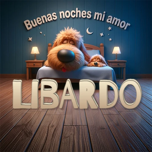 Dos perros de raza de pelaje espeso durmiendo juntos plácidamente en una cama cómoda, sobre ellos la frase 'Buenas noches mi amor' en una pared azul tranquila decorada con estrellas y una pequeña luna, con lámparas laterales cálidas. El nombre está en un prominente texto 3D en el piso de madera frente a la cama. Nombre personalizado: Libardo.