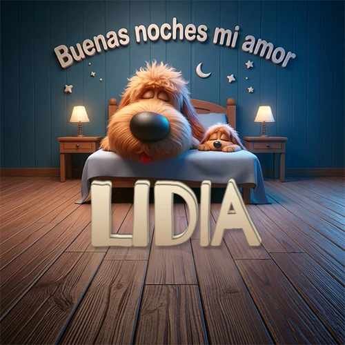 Dos perros de raza de pelaje espeso durmiendo juntos plácidamente en una cama cómoda, sobre ellos la frase 'Buenas noches mi amor' en una pared azul tranquila decorada con estrellas y una pequeña luna, con lámparas laterales cálidas. El nombre está en un prominente texto 3D en el piso de madera frente a la cama. Nombre personalizado: Lidia. Dos perros de raza de pelaje espeso durmiendo juntos plácidamente en una cama cómoda, sobre ellos la frase 'Buenas noches mi amor' en una pared azul tranquila decorada con estrellas y una pequeña luna, con lámparas laterales cálidas. El nombre está en un prominente texto 3D en el piso de madera frente a la cama. Nombre personalizado: Lidia.