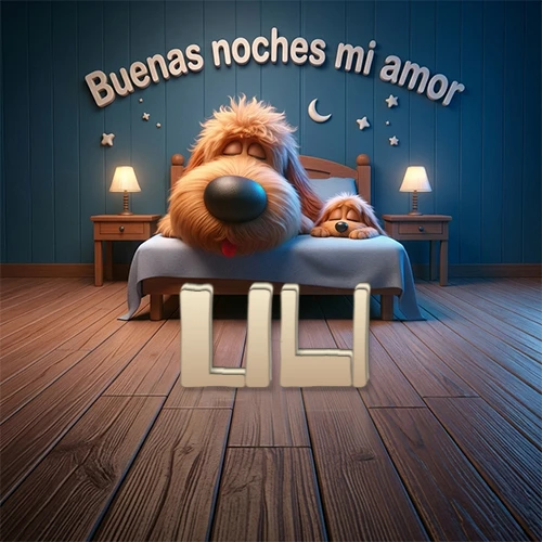 Dos perros de raza de pelaje espeso durmiendo juntos plácidamente en una cama cómoda, sobre ellos la frase 'Buenas noches mi amor' en una pared azul tranquila decorada con estrellas y una pequeña luna, con lámparas laterales cálidas. El nombre está en un prominente texto 3D en el piso de madera frente a la cama. Nombre personalizado: Lili.