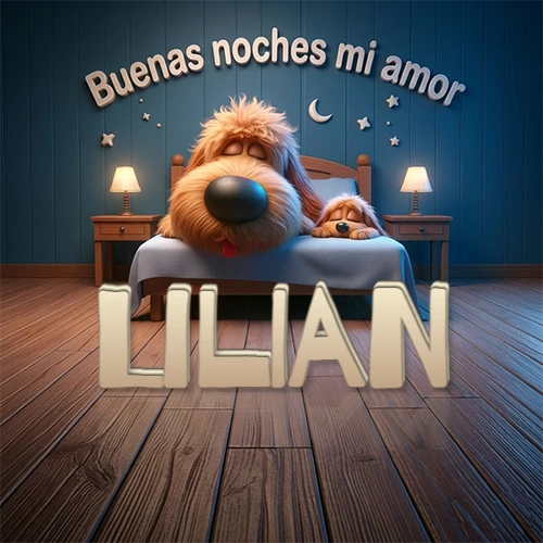 Dos perros de raza de pelaje espeso durmiendo juntos plácidamente en una cama cómoda, sobre ellos la frase 'Buenas noches mi amor' en una pared azul tranquila decorada con estrellas y una pequeña luna, con lámparas laterales cálidas. El nombre está en un prominente texto 3D en el piso de madera frente a la cama. Nombre personalizado: Lilian. Dos perros de raza de pelaje espeso durmiendo juntos plácidamente en una cama cómoda, sobre ellos la frase 'Buenas noches mi amor' en una pared azul tranquila decorada con estrellas y una pequeña luna, con lámparas laterales cálidas. El nombre está en un prominente texto 3D en el piso de madera frente a la cama. Nombre personalizado: Lilian.