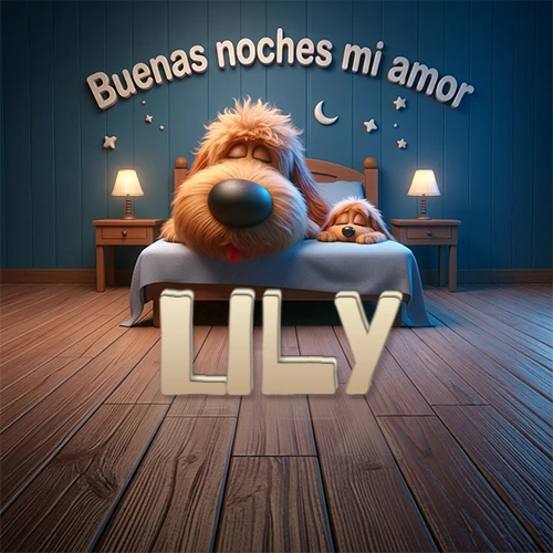 Dos perros de raza de pelaje espeso durmiendo juntos plácidamente en una cama cómoda, sobre ellos la frase 'Buenas noches mi amor' en una pared azul tranquila decorada con estrellas y una pequeña luna, con lámparas laterales cálidas. El nombre está en un prominente texto 3D en el piso de madera frente a la cama. Nombre personalizado: Lily. Dos perros de raza de pelaje espeso durmiendo juntos plácidamente en una cama cómoda, sobre ellos la frase 'Buenas noches mi amor' en una pared azul tranquila decorada con estrellas y una pequeña luna, con lámparas laterales cálidas. El nombre está en un prominente texto 3D en el piso de madera frente a la cama. Nombre personalizado: Lily.