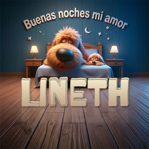 Dos perros de raza de pelaje espeso durmiendo juntos plácidamente en una cama cómoda, sobre ellos la frase 'Buenas noches mi amor' en una pared azul tranquila decorada con estrellas y una pequeña luna, con lámparas laterales cálidas. El nombre está en un prominente texto 3D en el piso de madera frente a la cama. Nombre personalizado: Lineth.
