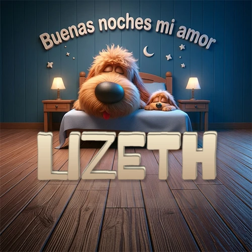 Dos perros de raza de pelaje espeso durmiendo juntos plácidamente en una cama cómoda, sobre ellos la frase 'Buenas noches mi amor' en una pared azul tranquila decorada con estrellas y una pequeña luna, con lámparas laterales cálidas. El nombre está en un prominente texto 3D en el piso de madera frente a la cama. Nombre personalizado: Lizeth. Dos perros de raza de pelaje espeso durmiendo juntos plácidamente en una cama cómoda, sobre ellos la frase 'Buenas noches mi amor' en una pared azul tranquila decorada con estrellas y una pequeña luna, con lámparas laterales cálidas. El nombre está en un prominente texto 3D en el piso de madera frente a la cama. Nombre personalizado: Lizeth.