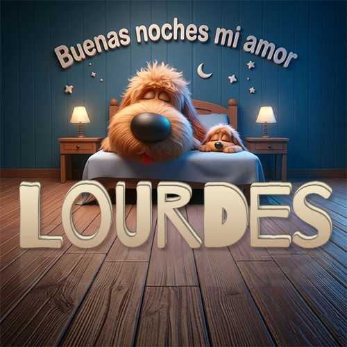 Dos perros de raza de pelaje espeso durmiendo juntos plácidamente en una cama cómoda, sobre ellos la frase 'Buenas noches mi amor' en una pared azul tranquila decorada con estrellas y una pequeña luna, con lámparas laterales cálidas. El nombre está en un prominente texto 3D en el piso de madera frente a la cama. Nombre personalizado: Lourdes. Dos perros de raza de pelaje espeso durmiendo juntos plácidamente en una cama cómoda, sobre ellos la frase 'Buenas noches mi amor' en una pared azul tranquila decorada con estrellas y una pequeña luna, con lámparas laterales cálidas. El nombre está en un prominente texto 3D en el piso de madera frente a la cama. Nombre personalizado: Lourdes.