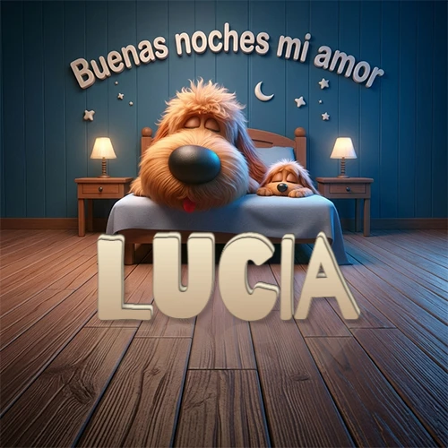 Dos perros de raza de pelaje espeso durmiendo juntos plácidamente en una cama cómoda, sobre ellos la frase 'Buenas noches mi amor' en una pared azul tranquila decorada con estrellas y una pequeña luna, con lámparas laterales cálidas. El nombre está en un prominente texto 3D en el piso de madera frente a la cama. Nombre personalizado: Lucia.