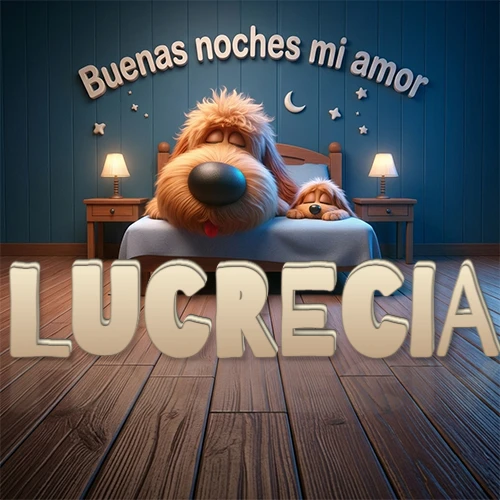 Dos perros de raza de pelaje espeso durmiendo juntos plácidamente en una cama cómoda, sobre ellos la frase 'Buenas noches mi amor' en una pared azul tranquila decorada con estrellas y una pequeña luna, con lámparas laterales cálidas. El nombre está en un prominente texto 3D en el piso de madera frente a la cama. Nombre personalizado: Lucrecia. Dos perros de raza de pelaje espeso durmiendo juntos plácidamente en una cama cómoda, sobre ellos la frase 'Buenas noches mi amor' en una pared azul tranquila decorada con estrellas y una pequeña luna, con lámparas laterales cálidas. El nombre está en un prominente texto 3D en el piso de madera frente a la cama. Nombre personalizado: Lucrecia.