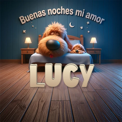 Dos perros de raza de pelaje espeso durmiendo juntos plácidamente en una cama cómoda, sobre ellos la frase 'Buenas noches mi amor' en una pared azul tranquila decorada con estrellas y una pequeña luna, con lámparas laterales cálidas. El nombre está en un prominente texto 3D en el piso de madera frente a la cama. Nombre personalizado: Lucy. Dos perros de raza de pelaje espeso durmiendo juntos plácidamente en una cama cómoda, sobre ellos la frase 'Buenas noches mi amor' en una pared azul tranquila decorada con estrellas y una pequeña luna, con lámparas laterales cálidas. El nombre está en un prominente texto 3D en el piso de madera frente a la cama. Nombre personalizado: Lucy.