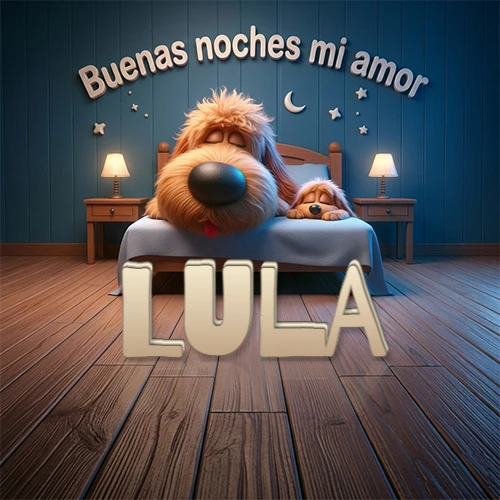 Dos perros de raza de pelaje espeso durmiendo juntos plácidamente en una cama cómoda, sobre ellos la frase 'Buenas noches mi amor' en una pared azul tranquila decorada con estrellas y una pequeña luna, con lámparas laterales cálidas. El nombre está en un prominente texto 3D en el piso de madera frente a la cama. Nombre personalizado: Lula.