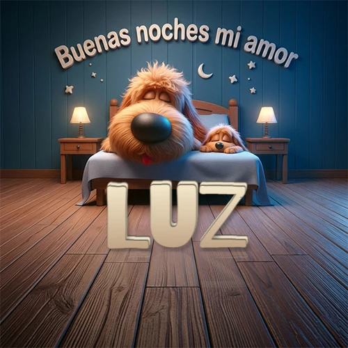 Dos perros de raza de pelaje espeso durmiendo juntos plácidamente en una cama cómoda, sobre ellos la frase 'Buenas noches mi amor' en una pared azul tranquila decorada con estrellas y una pequeña luna, con lámparas laterales cálidas. El nombre está en un prominente texto 3D en el piso de madera frente a la cama. Nombre personalizado: Luz. Dos perros de raza de pelaje espeso durmiendo juntos plácidamente en una cama cómoda, sobre ellos la frase 'Buenas noches mi amor' en una pared azul tranquila decorada con estrellas y una pequeña luna, con lámparas laterales cálidas. El nombre está en un prominente texto 3D en el piso de madera frente a la cama. Nombre personalizado: Luz.