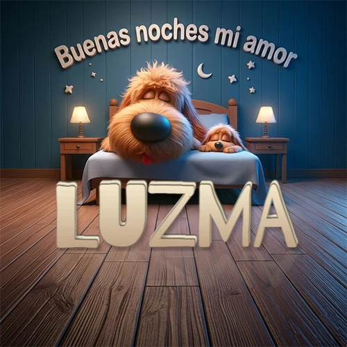 Dos perros de raza de pelaje espeso durmiendo juntos plácidamente en una cama cómoda, sobre ellos la frase 'Buenas noches mi amor' en una pared azul tranquila decorada con estrellas y una pequeña luna, con lámparas laterales cálidas. El nombre está en un prominente texto 3D en el piso de madera frente a la cama. Nombre personalizado: Luzma. Dos perros de raza de pelaje espeso durmiendo juntos plácidamente en una cama cómoda, sobre ellos la frase 'Buenas noches mi amor' en una pared azul tranquila decorada con estrellas y una pequeña luna, con lámparas laterales cálidas. El nombre está en un prominente texto 3D en el piso de madera frente a la cama. Nombre personalizado: Luzma.