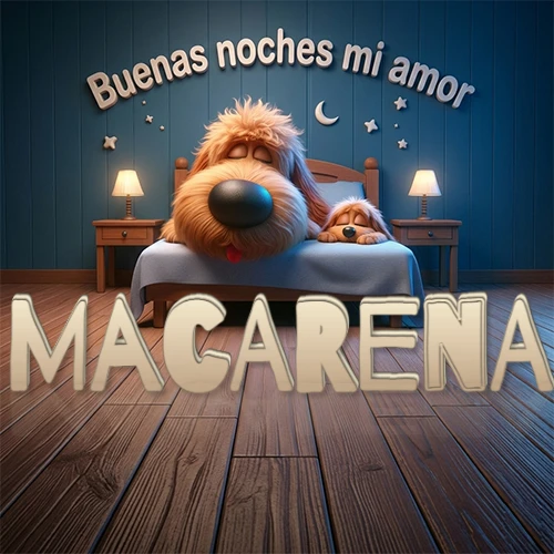 Dos perros de raza de pelaje espeso durmiendo juntos plácidamente en una cama cómoda, sobre ellos la frase 'Buenas noches mi amor' en una pared azul tranquila decorada con estrellas y una pequeña luna, con lámparas laterales cálidas. El nombre está en un prominente texto 3D en el piso de madera frente a la cama. Nombre personalizado: Macarena. Dos perros de raza de pelaje espeso durmiendo juntos plácidamente en una cama cómoda, sobre ellos la frase 'Buenas noches mi amor' en una pared azul tranquila decorada con estrellas y una pequeña luna, con lámparas laterales cálidas. El nombre está en un prominente texto 3D en el piso de madera frente a la cama. Nombre personalizado: Macarena.