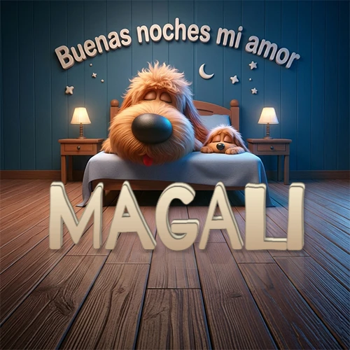 Dos perros de raza de pelaje espeso durmiendo juntos plácidamente en una cama cómoda, sobre ellos la frase 'Buenas noches mi amor' en una pared azul tranquila decorada con estrellas y una pequeña luna, con lámparas laterales cálidas. El nombre está en un prominente texto 3D en el piso de madera frente a la cama. Nombre personalizado: Magali.
