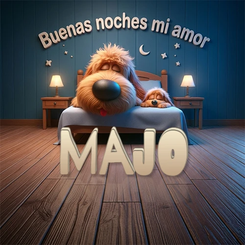 Dos perros de raza de pelaje espeso durmiendo juntos plácidamente en una cama cómoda, sobre ellos la frase 'Buenas noches mi amor' en una pared azul tranquila decorada con estrellas y una pequeña luna, con lámparas laterales cálidas. El nombre está en un prominente texto 3D en el piso de madera frente a la cama. Nombre personalizado: Majo. Dos perros de raza de pelaje espeso durmiendo juntos plácidamente en una cama cómoda, sobre ellos la frase 'Buenas noches mi amor' en una pared azul tranquila decorada con estrellas y una pequeña luna, con lámparas laterales cálidas. El nombre está en un prominente texto 3D en el piso de madera frente a la cama. Nombre personalizado: Majo.