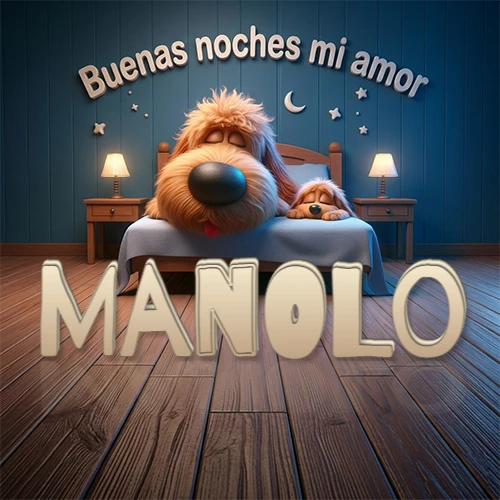 Dos perros de raza de pelaje espeso durmiendo juntos plácidamente en una cama cómoda, sobre ellos la frase 'Buenas noches mi amor' en una pared azul tranquila decorada con estrellas y una pequeña luna, con lámparas laterales cálidas. El nombre está en un prominente texto 3D en el piso de madera frente a la cama. Nombre personalizado: Manolo. Dos perros de raza de pelaje espeso durmiendo juntos plácidamente en una cama cómoda, sobre ellos la frase 'Buenas noches mi amor' en una pared azul tranquila decorada con estrellas y una pequeña luna, con lámparas laterales cálidas. El nombre está en un prominente texto 3D en el piso de madera frente a la cama. Nombre personalizado: Manolo.