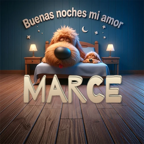 Dos perros de raza de pelaje espeso durmiendo juntos plácidamente en una cama cómoda, sobre ellos la frase 'Buenas noches mi amor' en una pared azul tranquila decorada con estrellas y una pequeña luna, con lámparas laterales cálidas. El nombre está en un prominente texto 3D en el piso de madera frente a la cama. Nombre personalizado: Marce.
